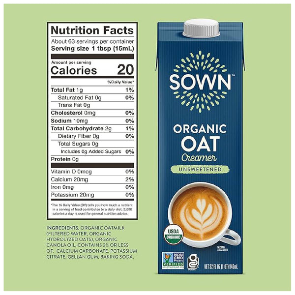 SOWN Organic Unsweetened Oat Creamer, Barista-Style Dairy-Free Coffee Creamer, Plant-Based, Gluten Free, Non-GMO, Shelf Stable, 32 oz