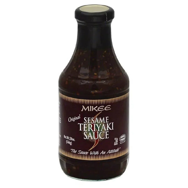 Bottle of Mikee sesame teriyaki sauce, brown label, grocery food product