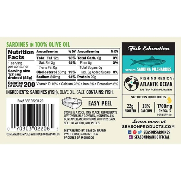Sardines in 100% olive oil nutrition label with ingredients, protein, calcium, omega-3 info.