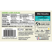 Sardines in 100% olive oil nutrition label with ingredients, protein, calcium, omega-3 info.