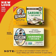 Season sardines in 100% olive oil new and old packaging comparison, grocery product