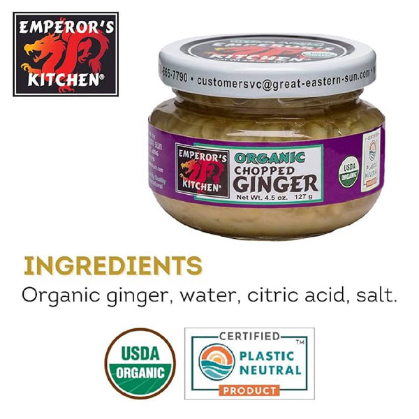 Emperor’s Kitchen Organic Chopped Ginger, 4.5 oz Jar, USDA Certified Organic Ready-to-Use Cooking Ginger