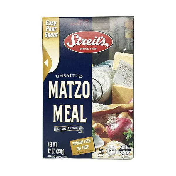 Streit's unsalted matzo meal box, kosher, sodium free, fat free 12 oz, grocery staple