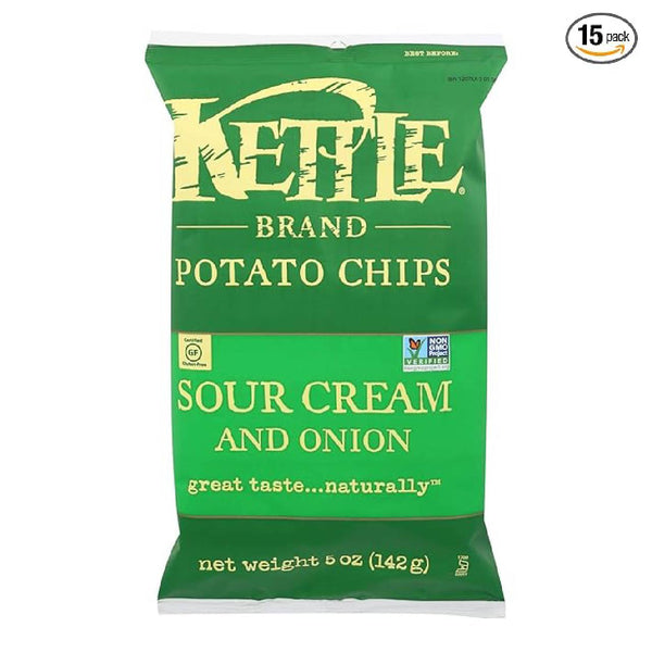 Kettle Brand Potato Chips, Sour Cream & Onion, 5 oz Bags (Pack of 15), Kettle-Cooked, Gluten Free Snack Chips