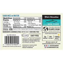 Sardines in water nutrition label, ingredient list, and Atlantic Ocean fishing region info.