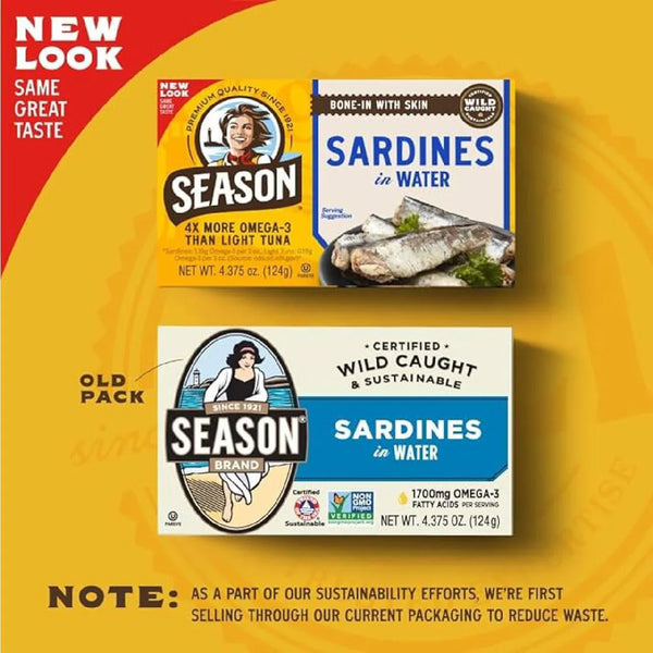 New and old packaging comparison for Season sardines in water, wild caught, 4.375 oz cans