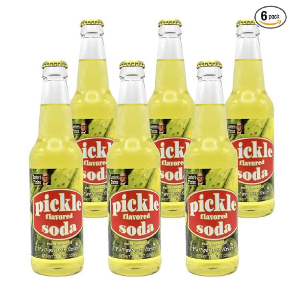 Rocket Fizz Pickle Soda, 12 oz Glass Bottles, 6 Pack, Cane Sugar Craft Soda with Novelty Pickle Flavor