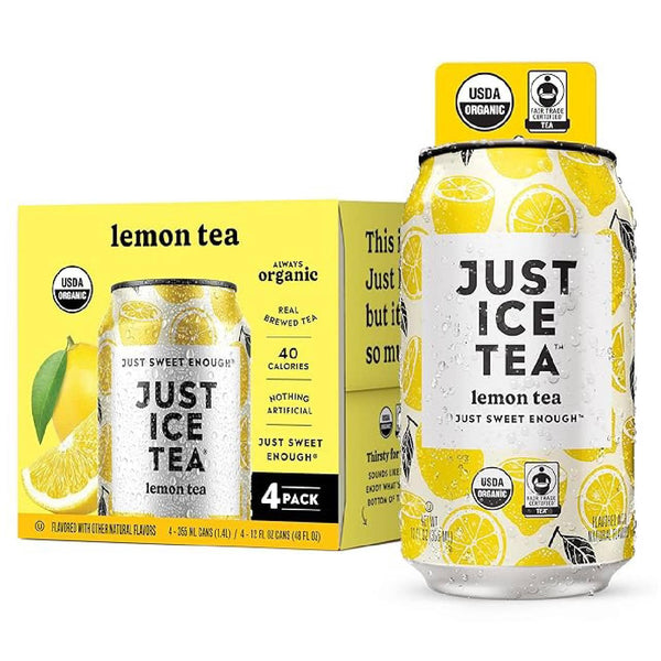 Just Ice Tea lemon tea can and 4-pack box, organic, real brewed tea with lemon slices