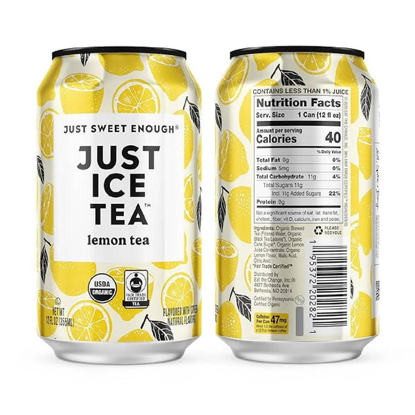Cans of lemon iced tea with lemon slice graphics, nutritional info, and organic label