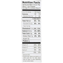 Nutrition facts label showing calories, fat, carbs, protein, vitamins, and minerals per serving.
