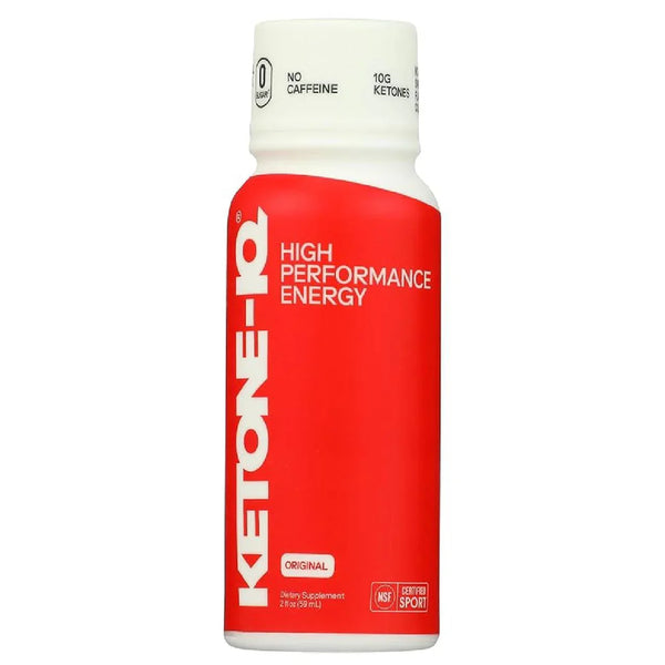 Red and white bottle of Ketone IQ high performance energy drink supplement