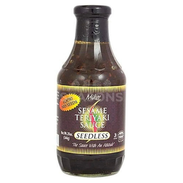 Bottle of seedless sesame teriyaki sauce, grocery condiment, on white background