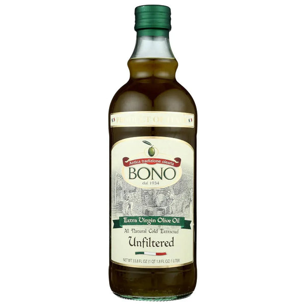 Unfiltered extra virgin olive oil in a clear bottle with green cap and Italian label