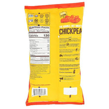 Back of chickpea snack bag with nutrition facts, ingredients, and product information