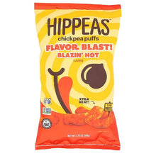 Hippeas chickpea puffs Blazin' Hot flavor snack bag with spicy red puffs, plant protein