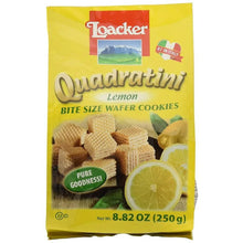 Loacker Quadratini lemon bite size wafer cookies package with lemon slices, 8.82 oz