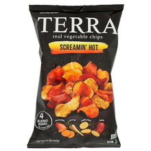 Terra Screamin' Hot real vegetable chips bag, featuring assorted root vegetables, spicy snack