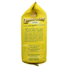 Yellow package of Quadratini Lemon bite size wafer cookies with ingredients list and allergy information visible.