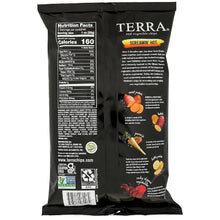 Back of Terra Screamin' Hot real vegetable chips bag showing nutrition facts and assorted vegetable chips.