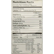 Nutrition facts label for cookies, showing calories, fat, sodium, carbs, and protein content.