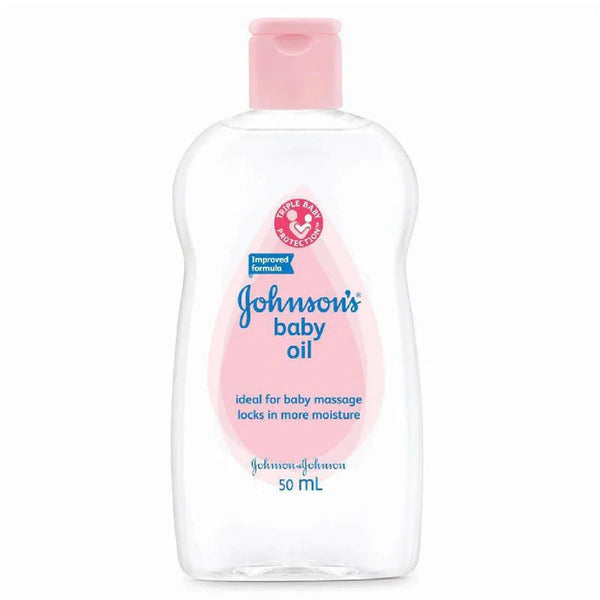 Johnson's baby oil 50mL bottle with pink cap, ideal for baby massage and skin moisture