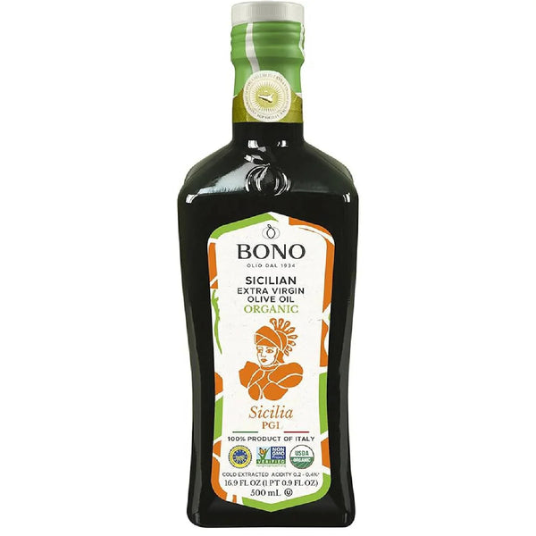 Bottle of Sicilian organic extra virgin olive oil, 500ml, with green and white label.