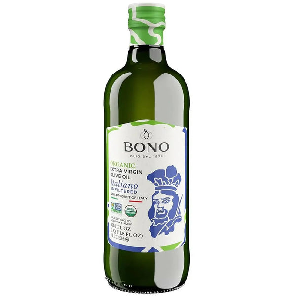 Bottle of Bono organic extra virgin Italian olive oil with green cap and label
