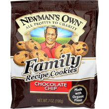 Bag of chocolate chip cookies made with organic flour, labeled Family Recipe Cookies