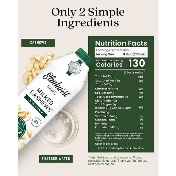 Elmhurst Unsweetened Milked Cashews with nutrition facts, made from cashews and filtered water, 130 calories per serving