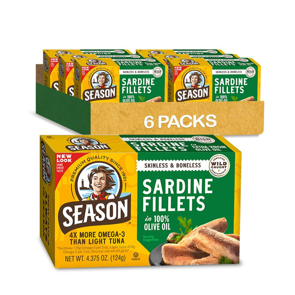 Season Sardines in Olive Oil, Skinless & Boneless, Wild Caught, 4.37 oz Tins (6-Pack) – High Protein, Keto Friendly, Kosher