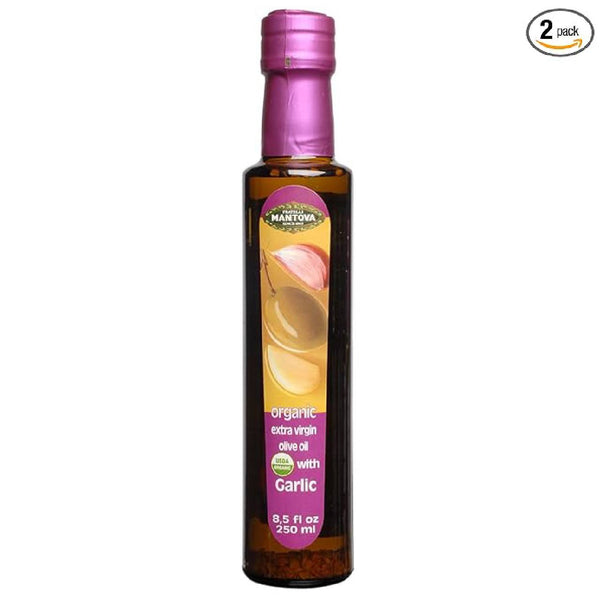 Mantova USDA Organic Garlic Extra Virgin Olive Oil – Cold-Pressed EVOO Imported from Italy, Herb-Infused Cooking Oil, 8.5 oz Bottles (Pack of 2)