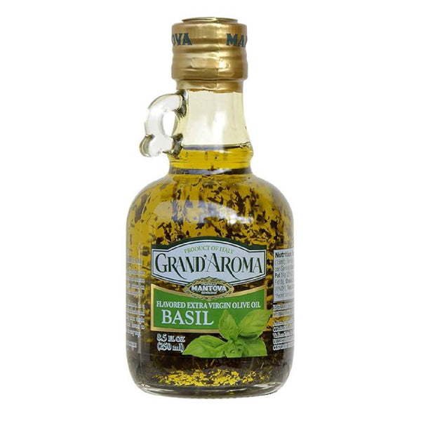 Mantova Grand'Aroma Basil Extra Virgin Olive Oil – Cold Extracted Italian EVOO Infused with Natural Basil Flavor, Gourmet Cooking Oil, 8.5 Fl Oz Bottle
