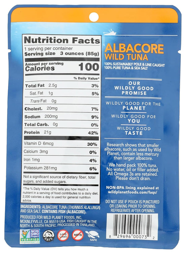 Back of a packaged seafood product with a Nutrition Facts panel, barcode, and branding text reading 'ALBACORE WILD TUNA' on a blue background with an orange header.