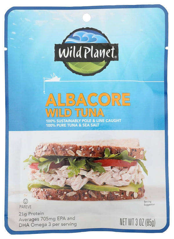 Wild Planet ALBACORE WILD TUNA branding text reading 'ALBACORE WILD TUNA' on a blue background with an orange header.