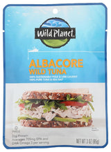 Wild Planet ALBACORE WILD TUNA branding text reading 'ALBACORE WILD TUNA' on a blue background with an orange header.