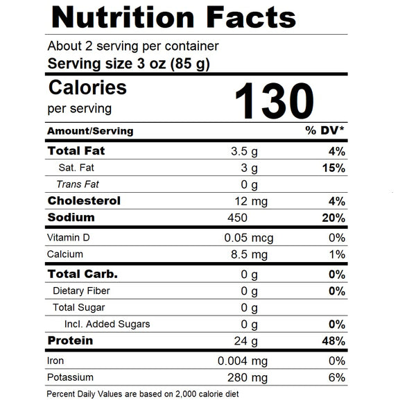 Nutrition facts label for a food product with serving size, calories, and various nutrients listed.