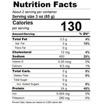 Nutrition facts label for a food product with serving size, calories, and various nutrients listed.