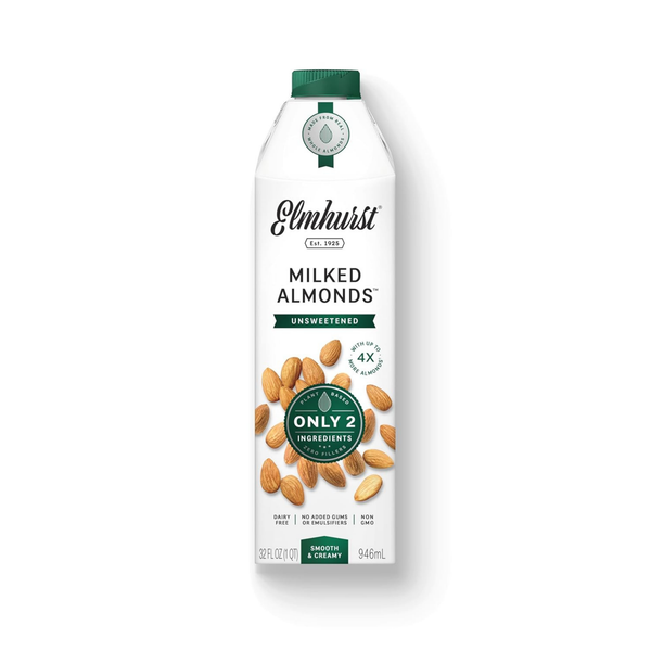 Elmhurst 1925 Unsweetened Almond Milk - 32 Ounce  Dairy-Free, Vegan, Kosher, No Added Sugar, Shelf Stable Milk Made with Water & Almonds for Healthier, Simpler Plant-Based Alternatives