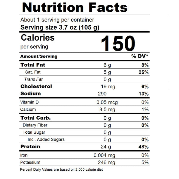 Nutrition facts label for a food product with serving size, calories, and various nutrients listed.