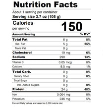 Nutrition facts label for a food product with serving size, calories, and various nutrients listed.