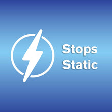 Logo with a lightning bolt symbol and 'Stops Static' text on a blue background