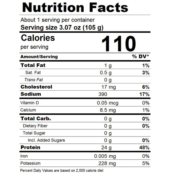Nutrition facts label for a food product with serving size, calories, and various nutrients listed.