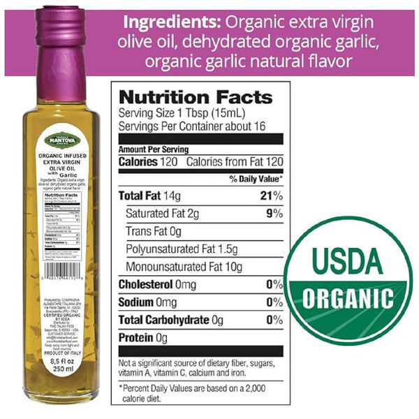 Mantova USDA Organic Garlic Extra Virgin Olive Oil – Cold-Pressed Organic EVOO with Natural Garlic Flavor, Imported from Italy, 8.5 Fl Oz Bottle