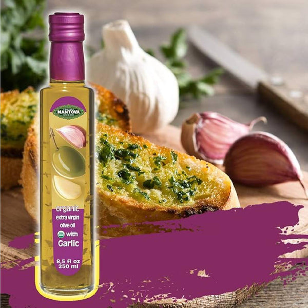 Mantova USDA Organic Garlic Extra Virgin Olive Oil – Cold-Pressed EVOO Imported from Italy, Herb-Infused Cooking Oil, 8.5 oz Bottles (Pack of 2)