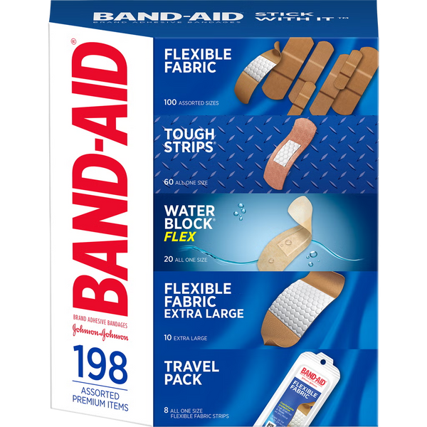 Band-Aid Adhesive Bandages 198 Count variety pack with flexible fabric waterproof and tough strips