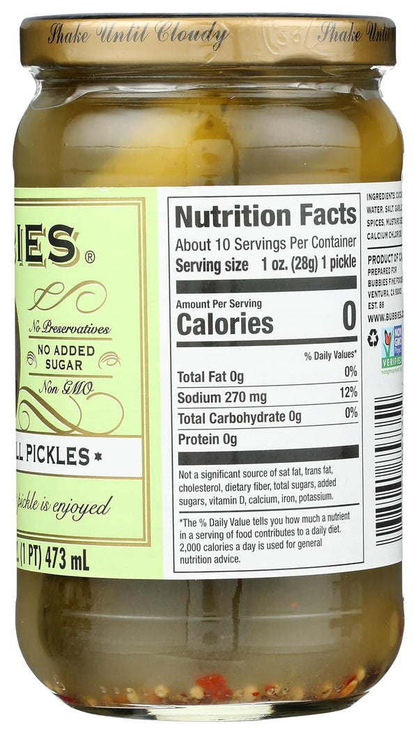 Bubbies Baby Kosher Dill Pickles nutrition facts and ingredients label