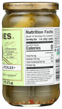 Glass jar of pickles with nutrition facts label showing no added sugar and non-GMO status.