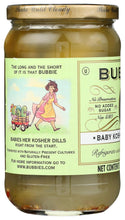 Jar of Bubbies Baby Kosher Dills fermented pickles with vintage label illustration.