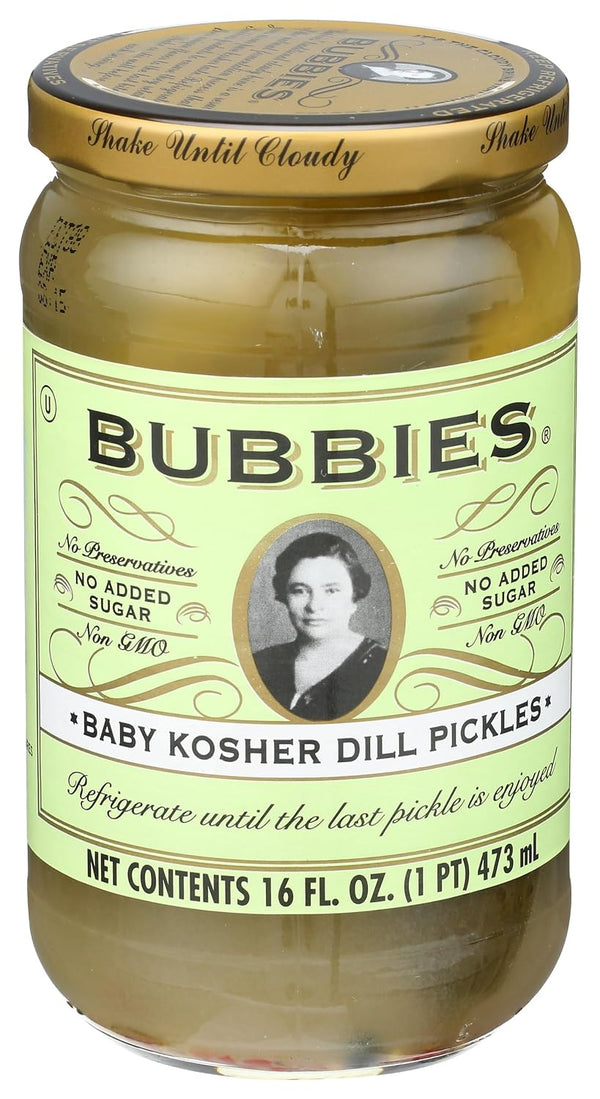 Bubbies Baby Kosher Dill Pickles, 16 fl oz jar front label