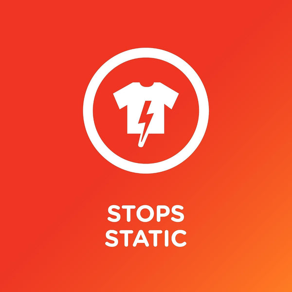 A white circular icon with a t-shirt and lightning bolt above the words 'STOPS STATIC' on a red-to-orange gradient background.